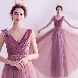 Sleeveless V-neck Mesh Panel A-line Evening Gown