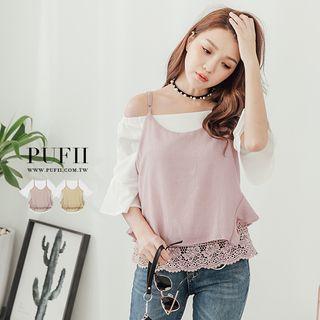 Set: Off-shoulder Top + Lace Hem Tank Top