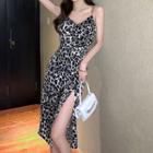 Spaghetti Strap Leopard Print Slit Bodycon Dress