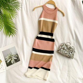 Color Block Halter Midi Knit Dress