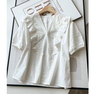 Lace Trim Short-sleeve V-neck Ruffle Blouse