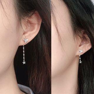 Non-matching 925 Sterling Silver Rhinestone Bow Dangle Earring 1 Pair - Silver - One Size