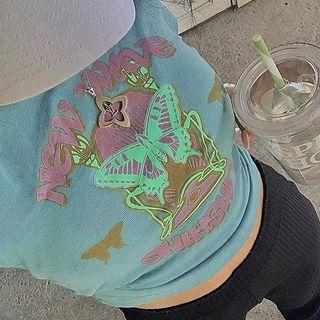 Lettering Butterfly Print Cropped T-shirt