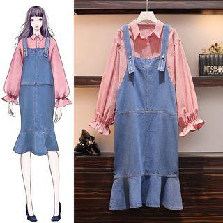 Set: Plaid Shirt + Denim Pinafore Dress