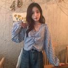 Plaid Puff-sleeve V-neck Blouse Blue - One Size