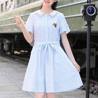 Short-sleeve Embroidered Collar Striped A-line Dress