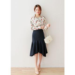 Tab-sleeve Flower Print Blouse