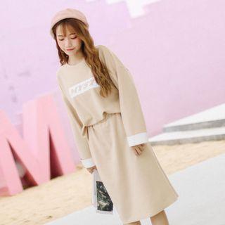 Set: Lettering Pullover + High Waist Straight-fit Skirt
