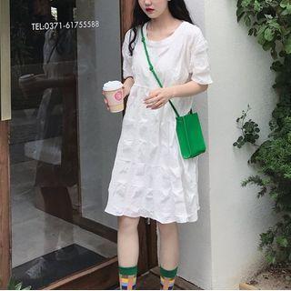 Short-sleeve Textured A-line Dress White - One Size