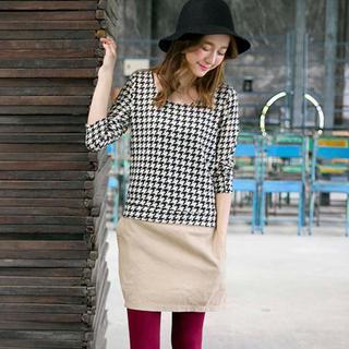Long-sleeve Houndstooth Panel Dress