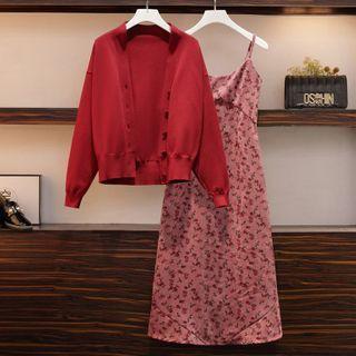 Set: Spaghetti Strap Floral Print A-line Dress + Cardigan