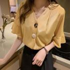 Elbow-sleeve V-neck Buttoned Blouse
