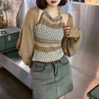 Set: Halter Neck Knit Top + Cardigan Coffee - One Size
