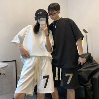 Set: Elbow-sleeve Crew Neck T-shirt + Wide Leg Shorts
