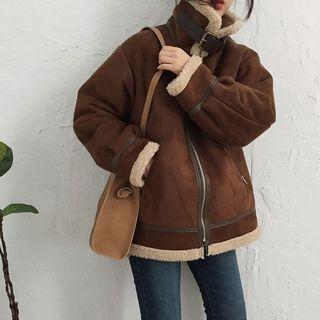 Faux Suede Stand Collar Zip Jacket