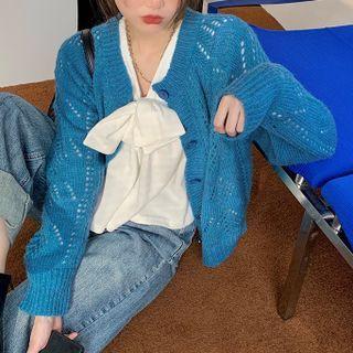 Long-sleeve Cut-out Knit Cardigan / V-neck Plain Top