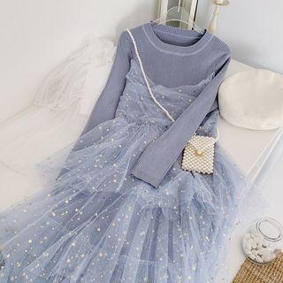 Mock Two-piece Long-sleeve Tiered Knit Dress