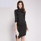 3/4-sleeve Striped Slit-front Dress