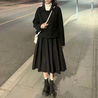 Asymmetrical Button Coat / Midi A-line Skirt