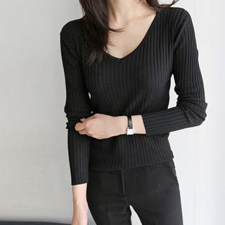 V-neck Rib-knit Top Black - One Size