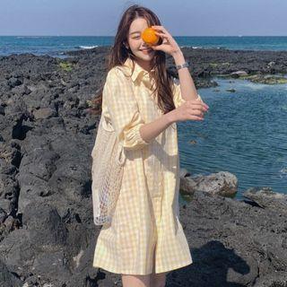 Balloon-sleeve Gingham Shirtdress Yellow - One Size