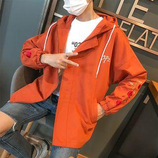 Flower Embroidered Zip Hooded Jacket