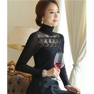 Embroidered Mesh Panel High Neck Long-sleeve Top