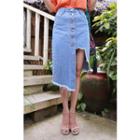 Button-detail Asymmetric-hem Denim Skirt