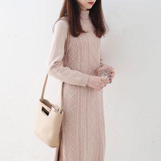 Turtleneck Long-sleeve Cable Knit Midi Dress