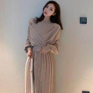 Wrap Sweater / Sleeveless Midi A-line Knit Dress