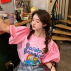 Puff-sleeve Cat Print T-shirt