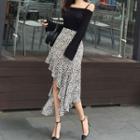 Set: Long Sleeve Off-shoulder Knit Top + Asymmetric Hem Leopard Print Skirt