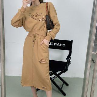 Plain High-waist Distressed Midi A-line Skirt