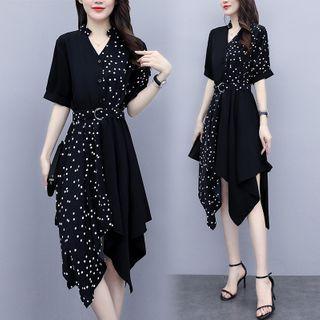 Short-sleeve Dotted Panel A-line Shirtdress