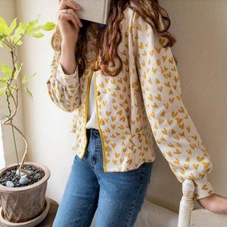 Pintuck-hem Heart Print Jacket
