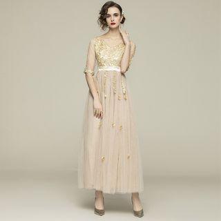 Sequined Embroidered Panel Mesh Maxi A-line Dress