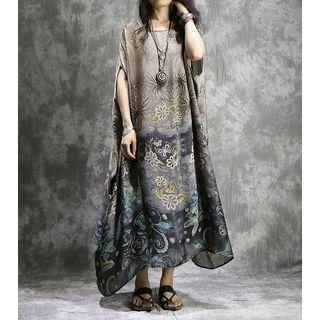 Cape-sleeve Print Midi Dress Coffee - One Size