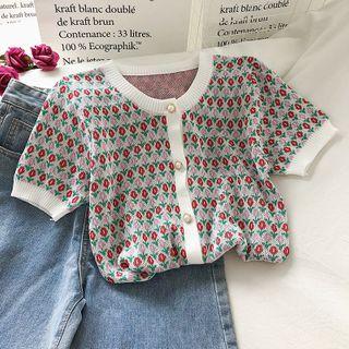 Printed Short-sleeve Open Knit Top Pink - One Size