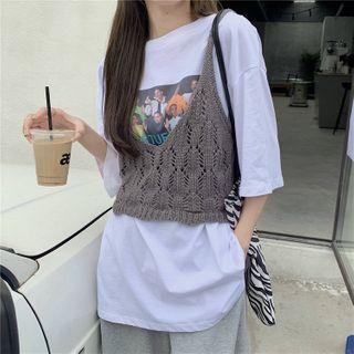 Short-sleeve Printed T-shirt / Pointelle Knit Camisole Top