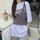 Short-sleeve Printed T-shirt / Pointelle Knit Camisole Top