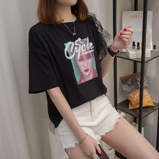 Short-sleeve Printed Mesh-panel Top