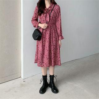 Long-sleeve Tie-neck Floral Midi Dress