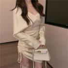 Asymmetric Long-sleeve Drawstring Mini Sheath Dress Almond - One Size
