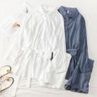 Set: Loose-fit Plain Shirt With Sash + Shorts