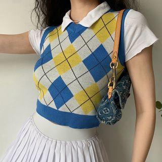 Cropped V-neck Color-block Argyle Knit Tank Top