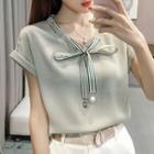 Faux Pearl Bow Accent Short Sleeve Chiffon Blouse