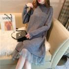 Semi Turtleneck Plain Panel Sheer Trim Loose Fit Knit Midi Dress