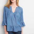Long-sleeved V Neck Bell-sleeve Denim Top