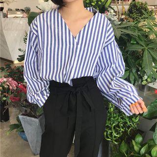Pinstripe V-neck Long-sleeve Top