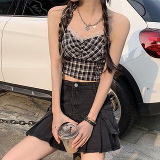 Halter-neck Lace Trim Plaid Cropped Camisole Top / Denim Pleated Mini A-line Skirt